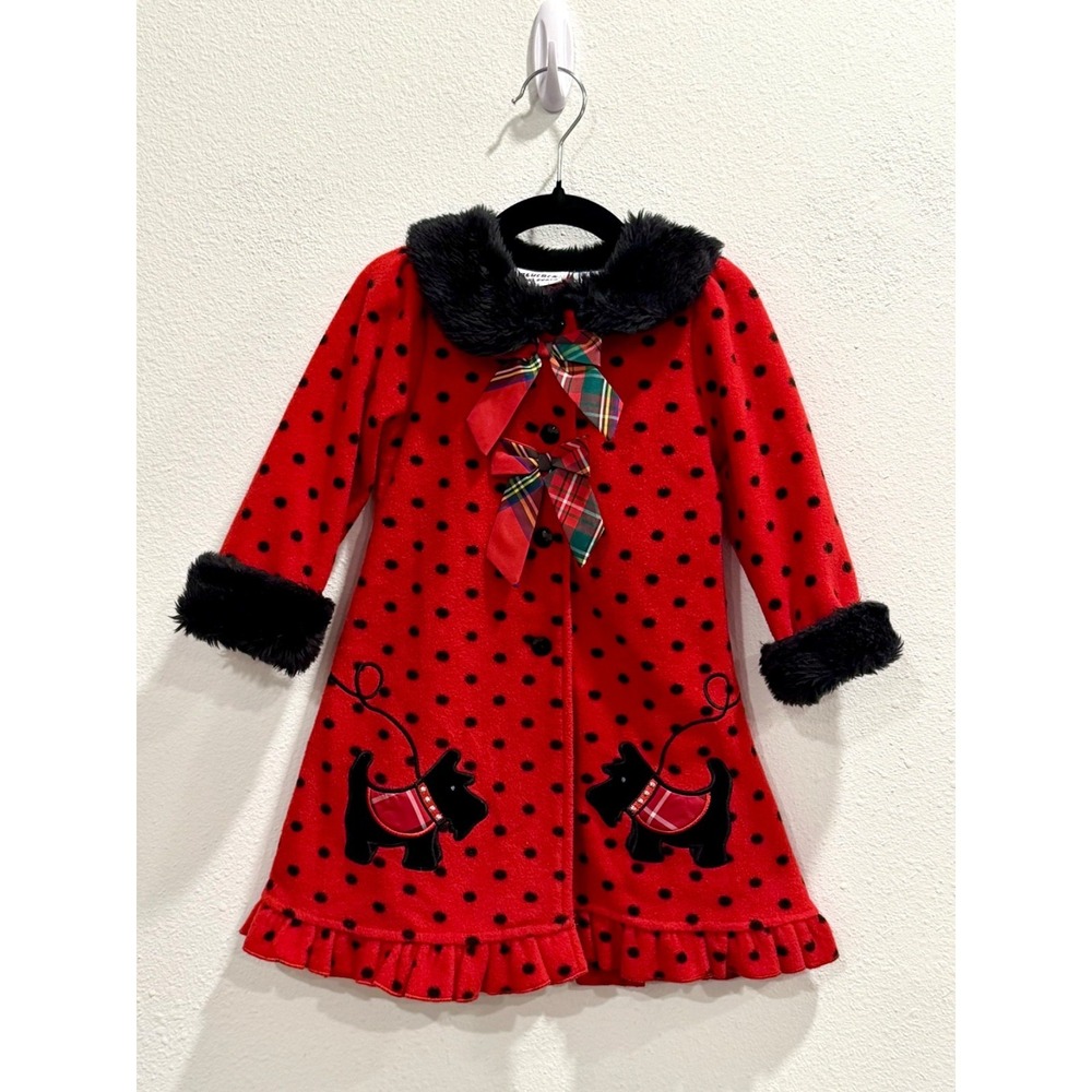 Blueberi Boulevard 2T Holiday Coat Red Polka Dot Faux Fur Plaid Scottie Dog
